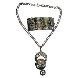 Vintage Hobe Signed Necklace & Bracelet Set Silver w/‎ AB Glass Roses *Read